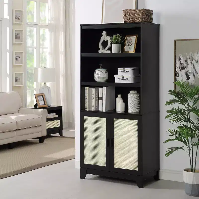 GDFStudio Lismore Modern Cane and Wood Bookcase with Soft Close Doors and Adjustable Shelves