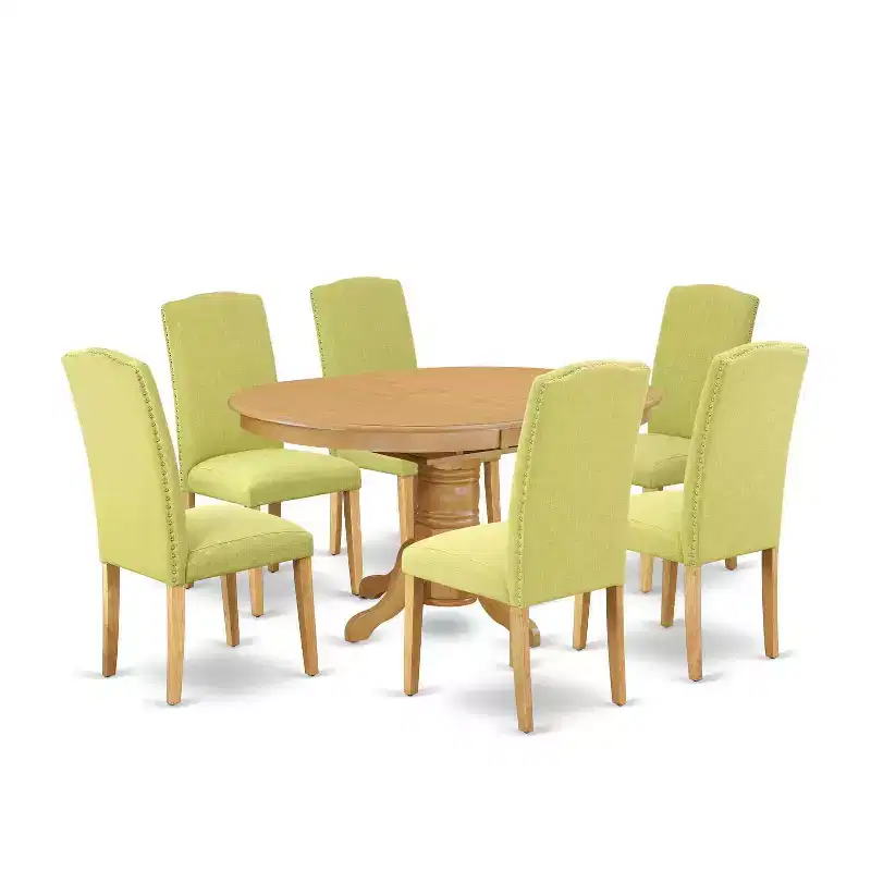 Dinette Set 7Pc Oval Table w/ Leaf & 6 Chairs - Linen Fabric & Oak Legs - Kitchen Dining Room Set