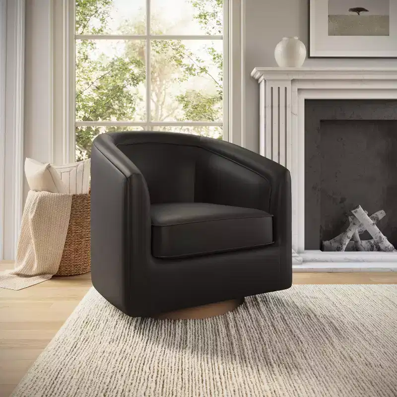 Club Style Barrel Accent Chair with 360 Degree Swivel Base and Sloped Armrests
