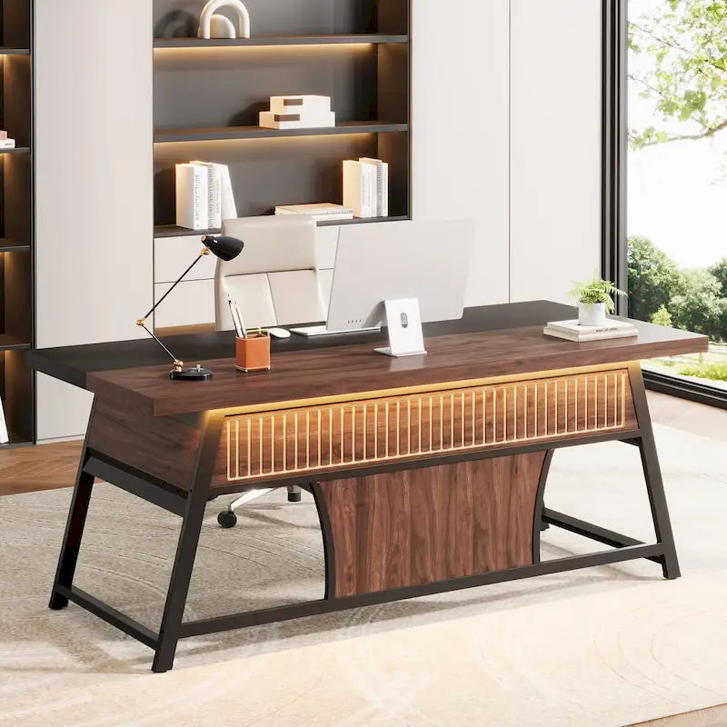 63-Inch Executive Office Desk – Walnut & Black, LED Light, Storage Shelf, Industrial Style