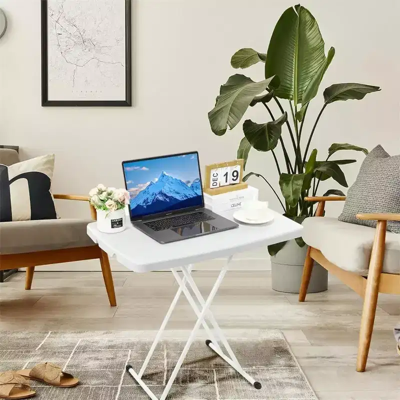 Small Height Adjustable Folding Table, Portable Plastic Foldable TV Tray with Metal X-Frame, Rectangular Snack Laptop Table for Bedroom Living Room