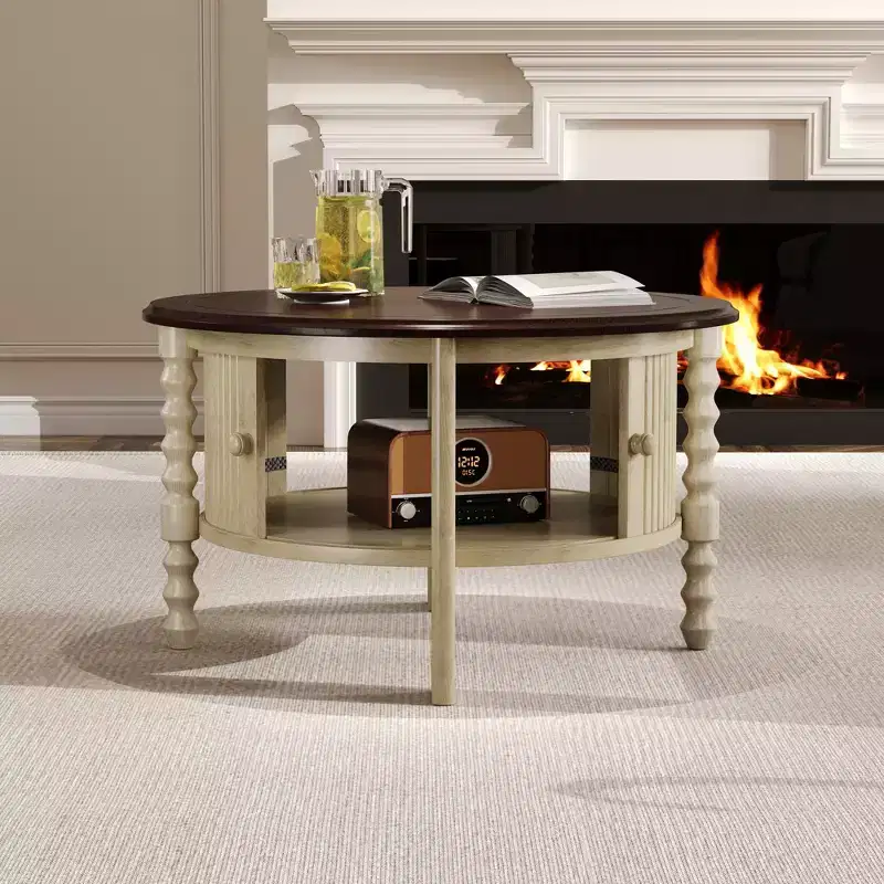 Vintage Oval/Round Coffee Table Cocktail Table Accent Table Sofa Side Table Center Table with Drawer/Sliding Door, Walnut/Beige+Espresso-ModernLuxe
