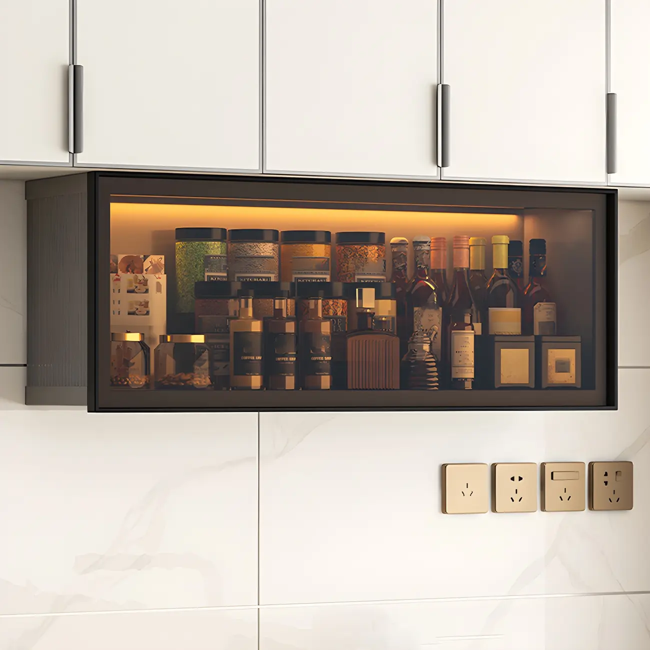 Grey Metal Floating Mounted Glass Kitchen China Cabinet