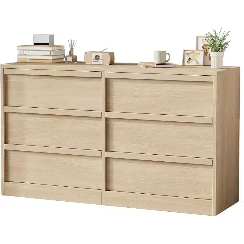 CuisinSmart 6 Drawer Dresser for Bedroom, Natural Double Dresser Organizer with Concave Handles, Modern Chest of Drawers, Natural Wood
