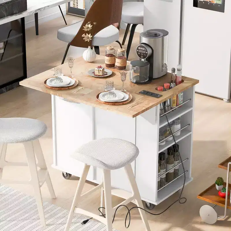 39.8in. L x 33.7in. H Kitchen Island Storage with Drop Leaf & Wine Rack & Adjustable Storage in White