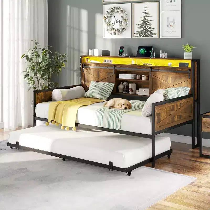 Twin Daybed with Trundle and Storage Headboard