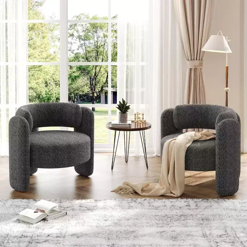 Modern Chenille Accent Chair Set of 2 Upholstered Living Room Chair Cozy Round Armrest Chair With Open Back Round Corner Side Sitting Lounge Armchair
