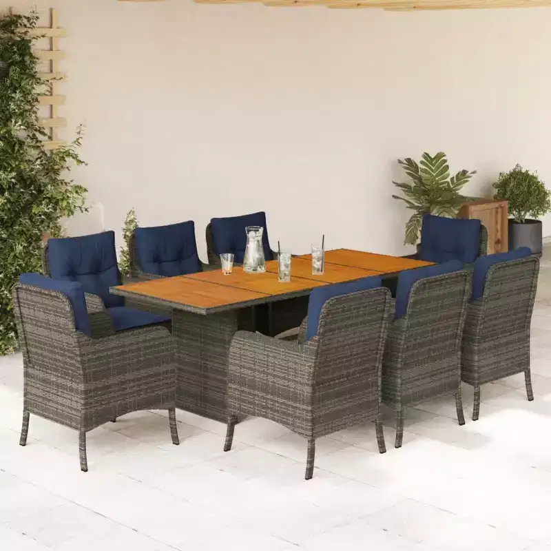 vidaXL 9-Piece Outdoor Patio Dining Set - Gray Poly Rattan & Solid Acacia Wood with Navy Cushions - Weather-Resistant Garden Furniture Set