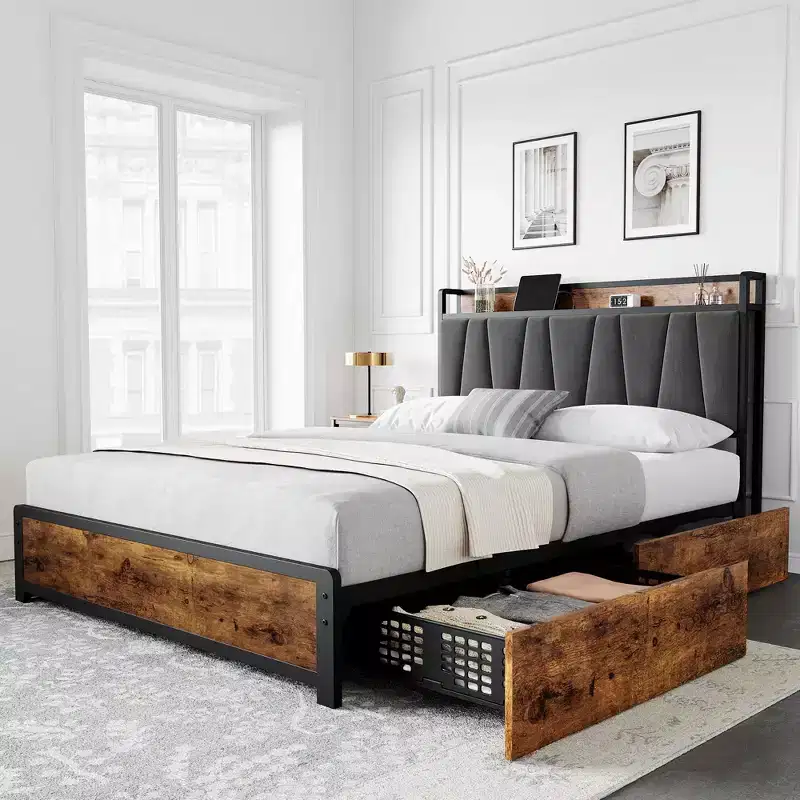 Bed Frame with Storage Linen Upholstered Headboard, 4 Drawers Platform Bed Frame with Charging Station, Vintage Brown