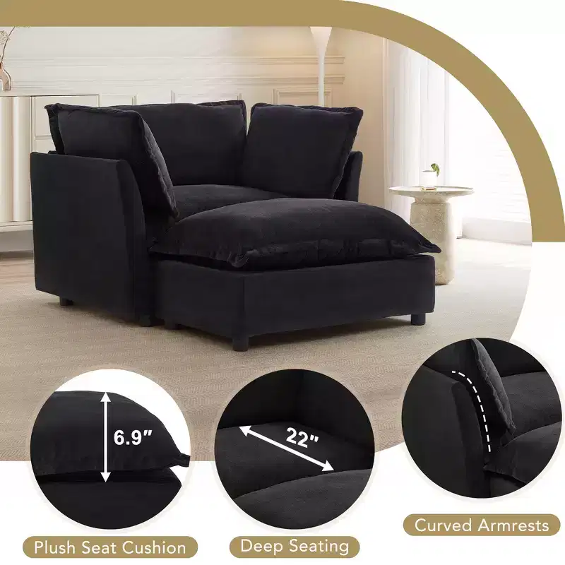 Chenille Armchair with Movable Ottoman, Wide Seat & Curved Armrests