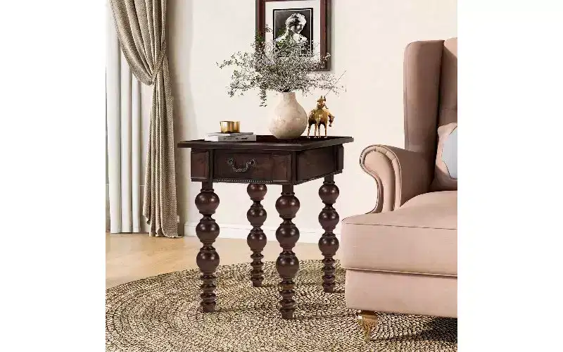 TUYOHW Farmhouse End Table with Drawer & Bubble Design Spindles, Living Room Side Table with Waterproof Acacia Wood Veneer Top, Vintage Nightstand