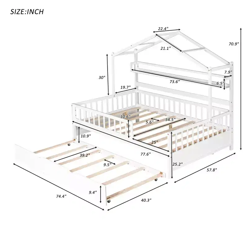 Luxystar Wood House Bed Frame with Trundle and Shelves, White