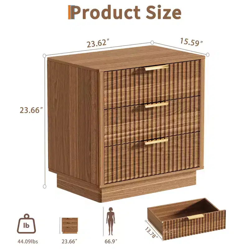 23.6 Wide Fluted Design Nightstand with 3 Large Storage Drawers,Mid Century Modern Wooden Bedside Table with Metal Handles for Bedroom & Living Room