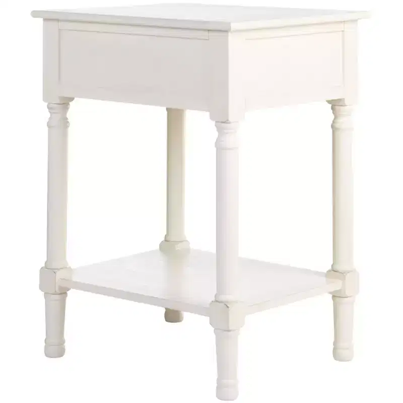 1-Drawer Accent Side Table with Herringbone Detail & Open Shelf, Distressed White