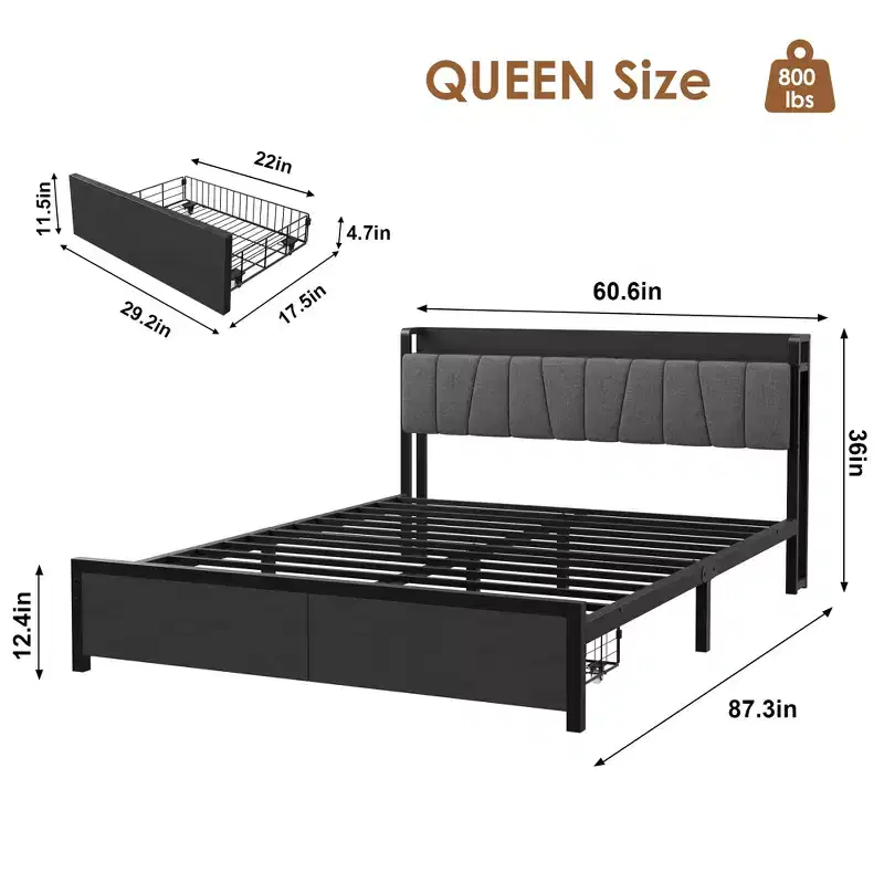Metal bed frame with storage headboard, drawers and charging station; springless mattress frame; full size.