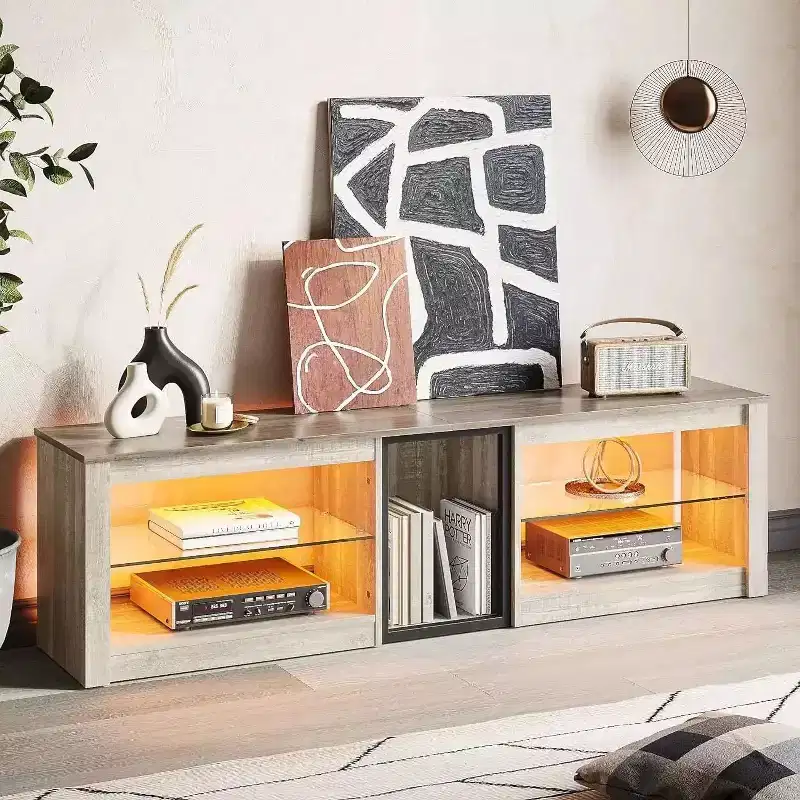 Particle Board TV Stand with Glass Shelves 18.5''H x 55.12''W x 13.78''D