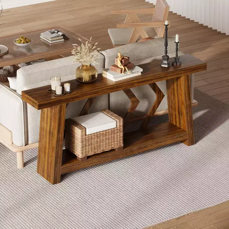 70.9 All-Wood Console Table - 2-Tier Narrow Entryway & Hallway Table - Rustic Brown Farmhouse Sofa Table with Trapezoid Legs