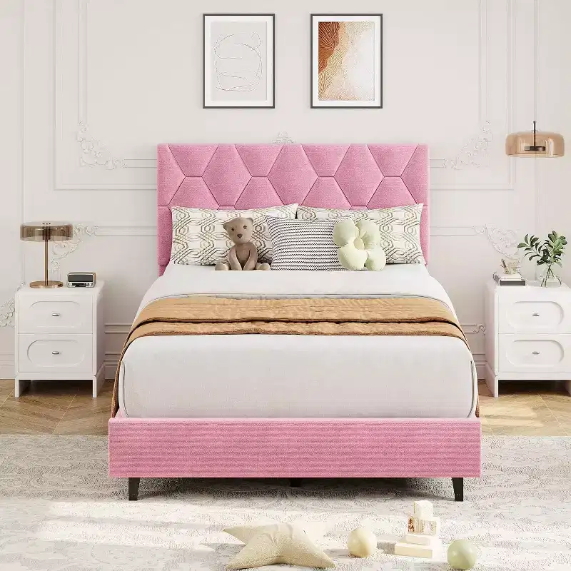 Twin XL Pink Bed Frame - Upholstered Headboard & Adjustable Height, Heavy-Duty Platform Structure, Reliable Wood Slat Support