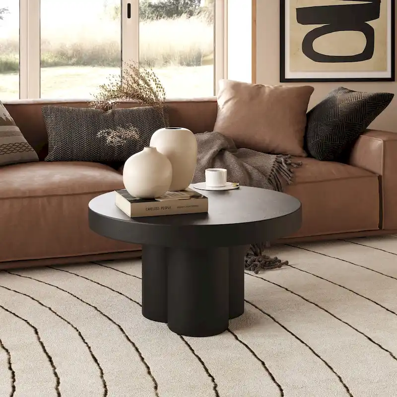 Black Concrete Round Coffee Table – Abstract 3-Leg Base