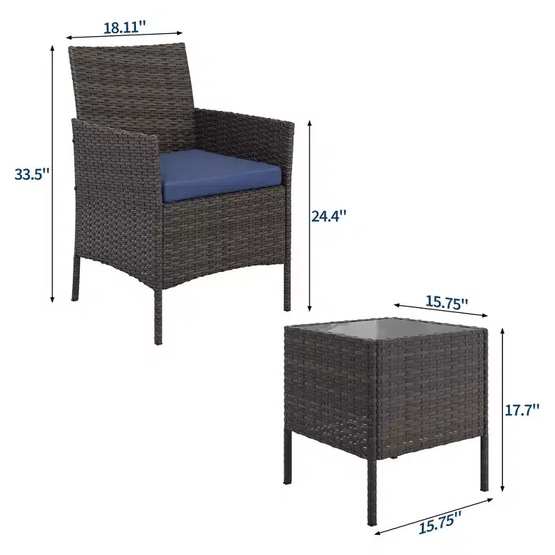 3 Piece Patio Set, PE Rattan Patio Conversation Set with 2 Chairs and 1 Coffee Table, Outdoor Patio Furniture Set for Patio Front Porch Balcony Bistro