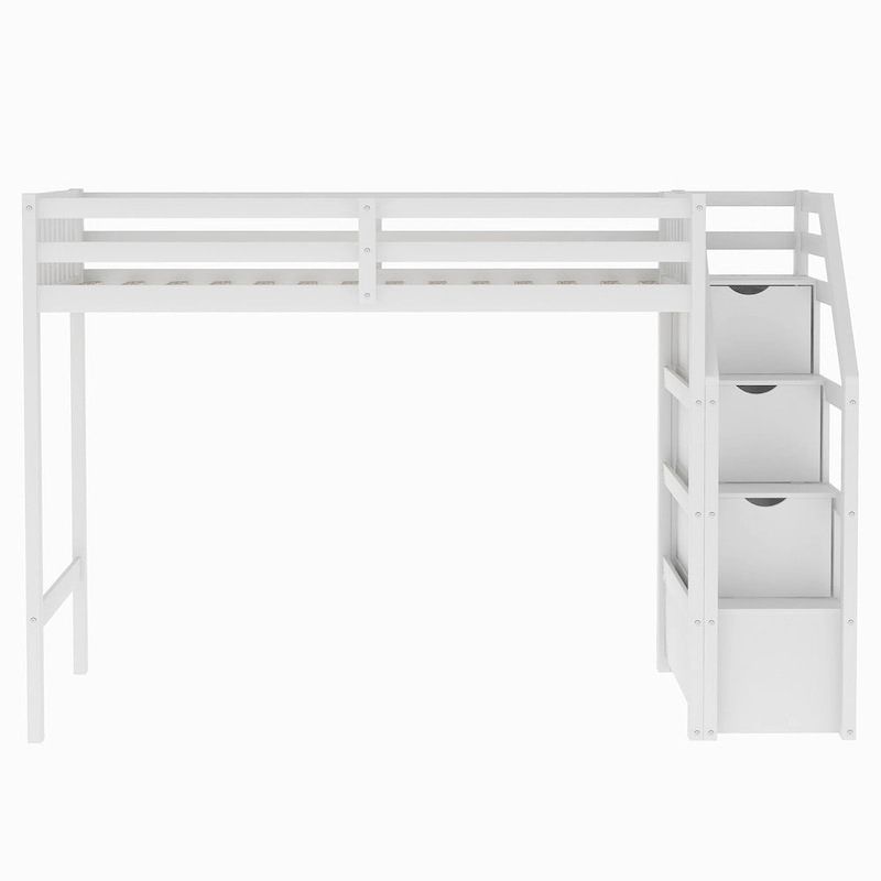 Twin Over Full Wood Loft Bed with Staircase,High Guardrails and Ladder