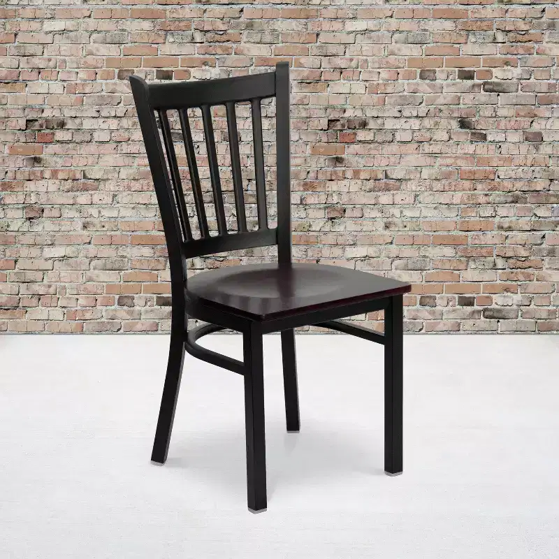 Set of 4 Vertical Back Metal Restaurant Dining Chairs – Mahogany Wood Seat, 500 lb, Commercial Grade