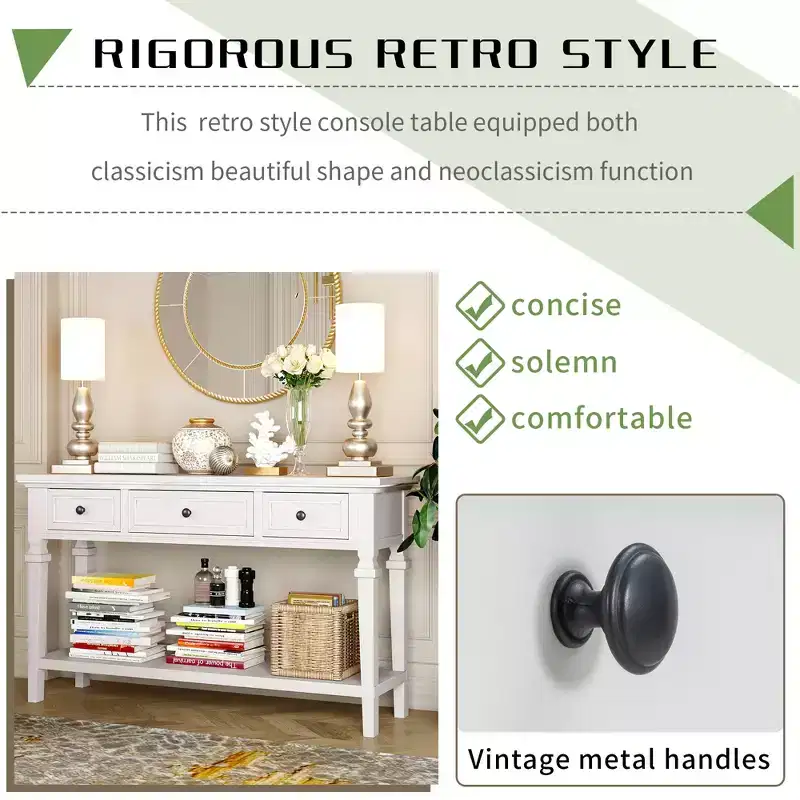 Whisen Classic Retro Style Console Table with 3-Top Drawers and Open Shelf