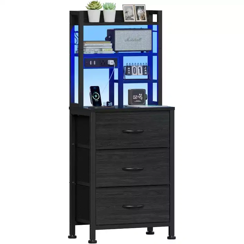 45.3in Tall Bedside Table with USB Charging Station and LED Light, 3 Fabric Drawer Nightstand Bookshelf for Small Space Bedroom Dorm, Black
