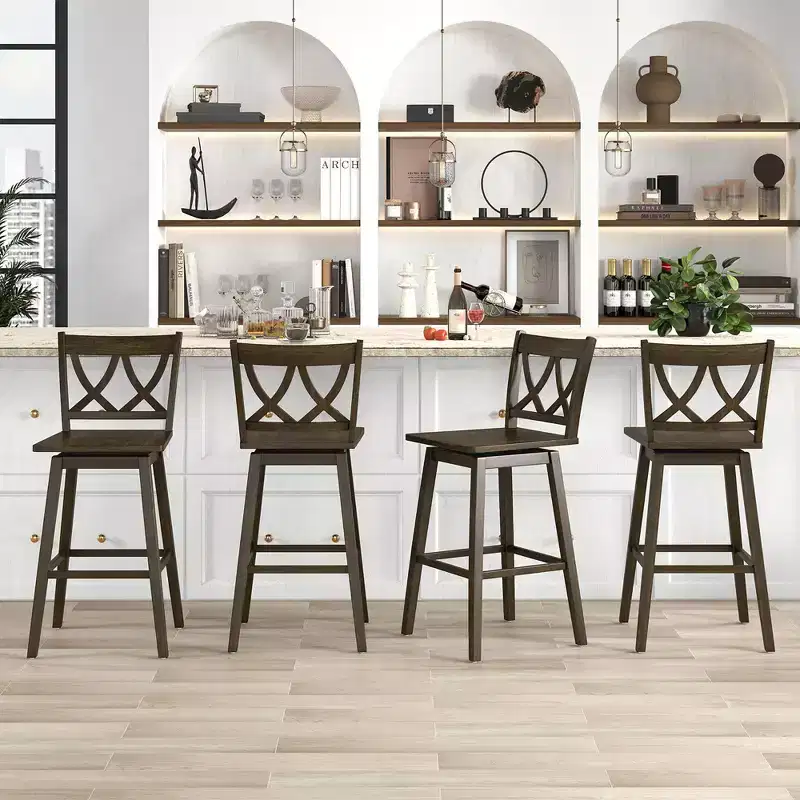 Set of 2 29-Inch Swivel Bar Stools with Rubber Wood Frame and Ergonomic Backrest